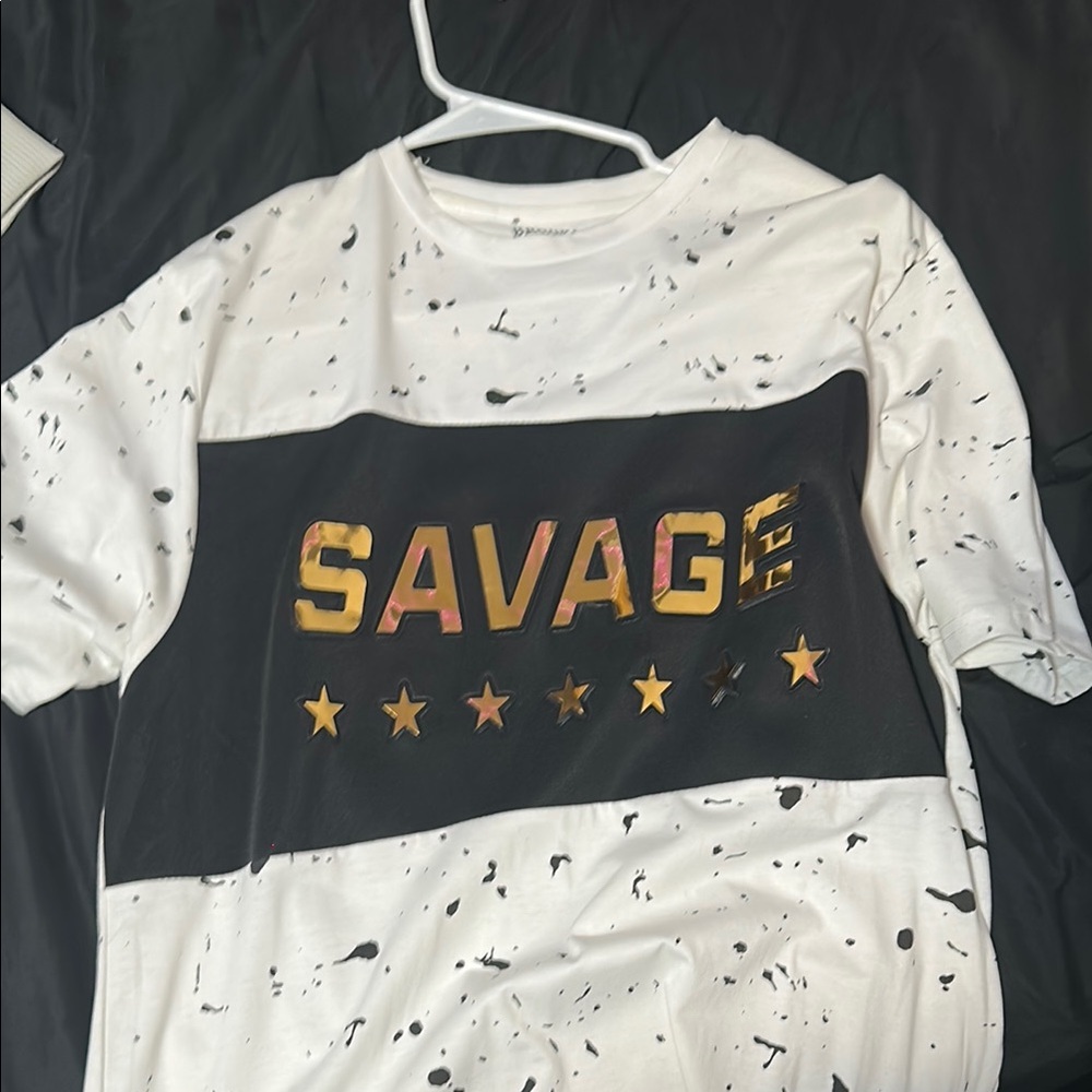 White and Black Short Sleeve Tee with Distressed Design